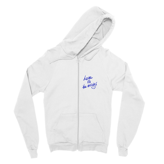 'Love IS the answer' Classic Unisex Zip Hoodie (pocket print). Free Shipping.