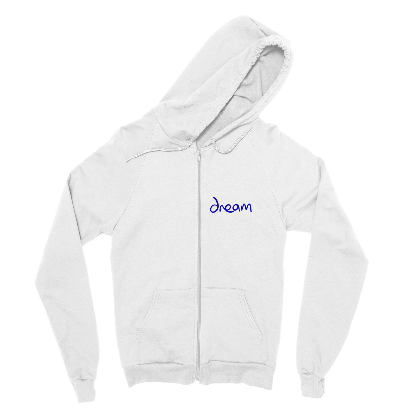 'Dream' Blue on white pocket print Classic Unisex Zip Hoodie. Free Shipping.