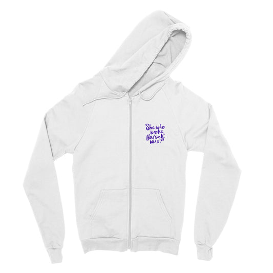 'She who backs herself wins!' Purple on white pocket print Classic Unisex Zip Hoodie. Free Shipping