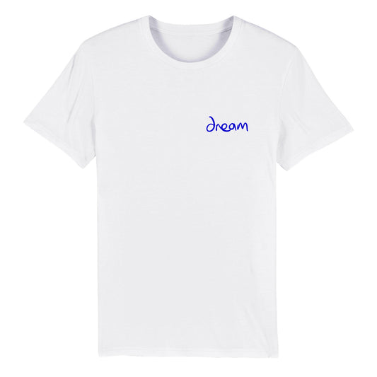 'Dream' Blue on white pocket print Organic Unisex Crewneck T-shirt. Free Shipping. Prices include tax.