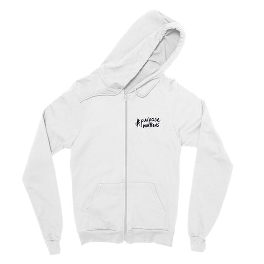 '#purposematters' black on white pocket print Classic Unisex Zip Hoodie. Free shipping