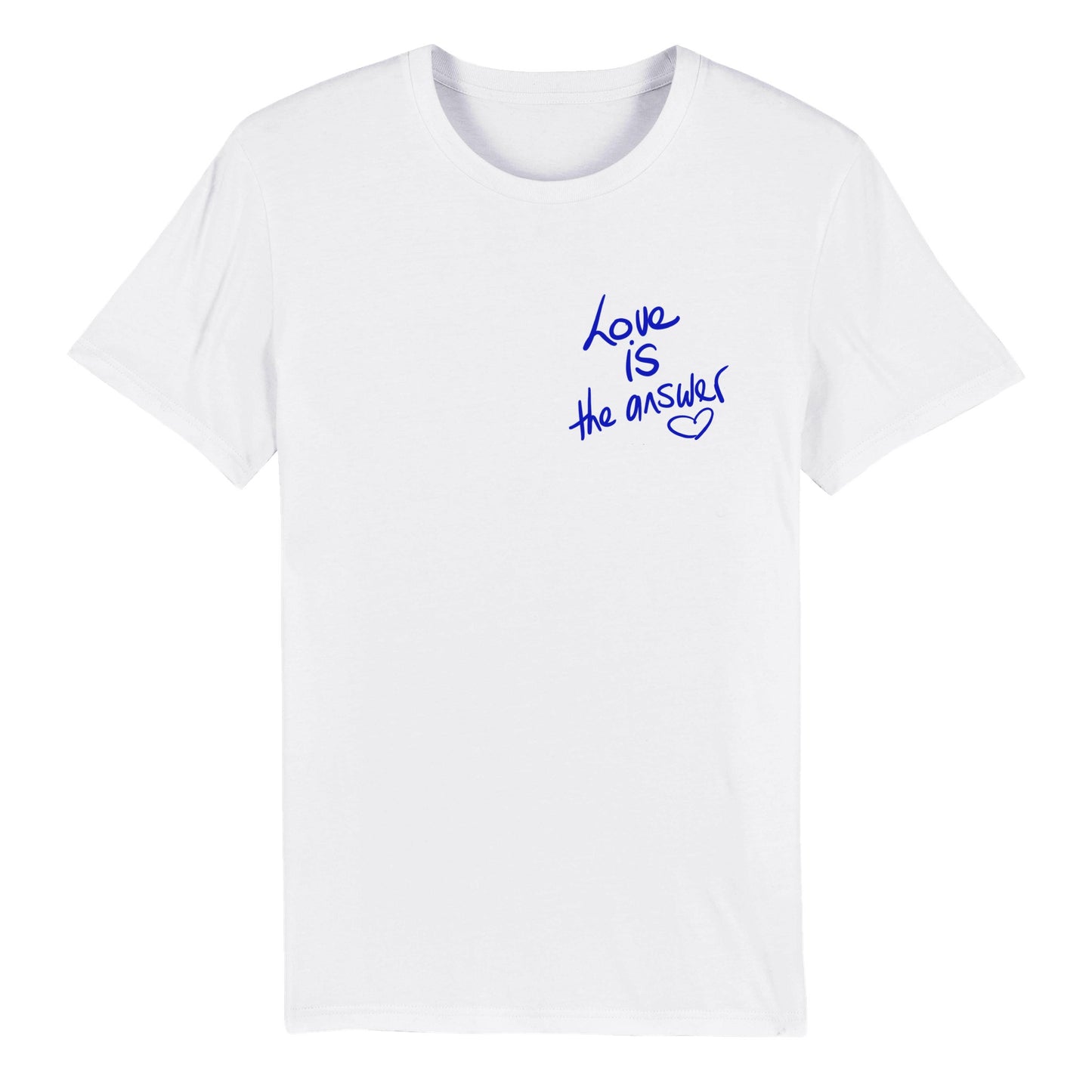 'Love IS the answer' Organic Unisex Crewneck T-shirt (blue on white - pocket print). Free Shipping.