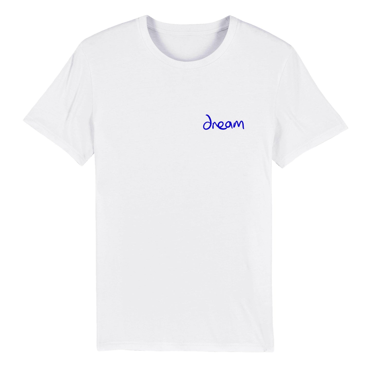 'Dream' Blue on white pocket print Organic Unisex Crewneck T-shirt. Free Shipping. Prices include tax.