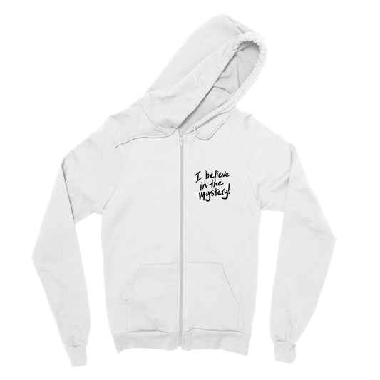 'I believe in the Mystery' black on white pocket print Classic Unisex Zip Hoodie